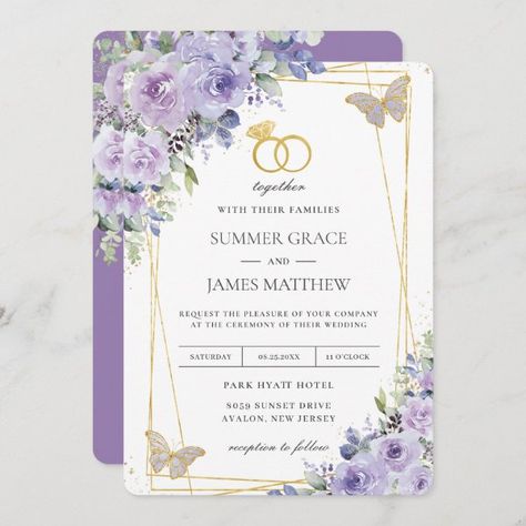 Elegant Wedding Purple Lilac Floral Butterflies Invitation Purple Wedding Invitations Elegant, Lilac Wedding Theme, Lilac Wedding Themes, Butterflies Wedding, Wedding Card Template, Lavender Wedding Invitations, Pretty Wedding Invitations, Two Butterflies, Butterfly Invitations