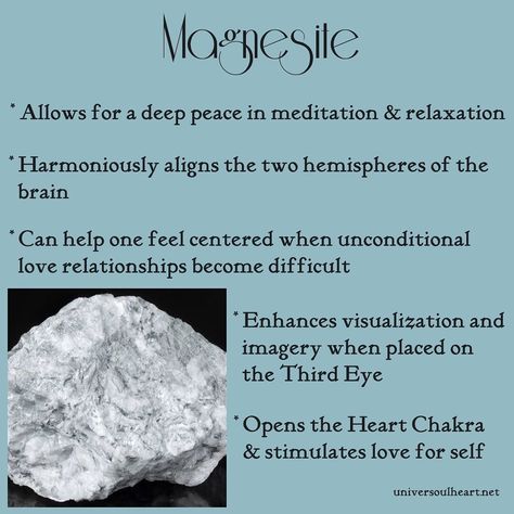 Magnesite is a peaceful stone we could all benefit from right now. 💜  #magnesite #crystalhealing #universoulheartreiki #reiki #reikimaster Magnesite Crystal Meaning, Magnesite Crystal, Healing And Growing, Chakras Crystals, Crystal Seashells, Crystals Meanings, Meditation Scripts, Stone Properties, Cottage Witch