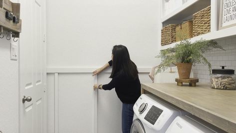 Laundry Room On A Budget, Weathered Oak Stain, Wall Trends, Batten Wall, Room On A Budget, Custom Slipcovers, Ikea Couch, Dry Erase Wall, Board And Batten Wall