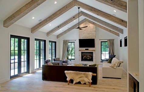 Low Pitch Cathedral Ceiling, Raised Ceiling With Beams, Cottage Vaulted Ceiling Living Room, Small Homes With Lots Of Windows, Horizontal Beams Vaulted Ceiling, Vaulted Ceiling No Beams, Vaulted Ceiling Remodel, Living Room Cathedral Ceiling Ideas, Small Living Room With Vaulted Ceiling