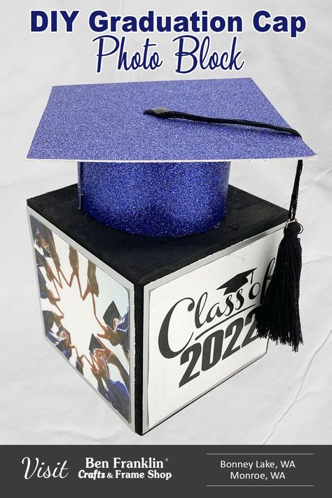 DIY Graduation Cap Photo Block Diy Grad Cap, Diy Graduation Decorations, Photo Centerpieces, Cap Photo, High School Graduation Pictures, Graduation Card Boxes, Diy Graduation Gifts, Graduation Crafts, Different Photos