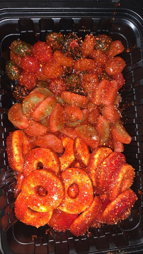 A customer order of Dulces Enchilados containing peach rings, gushers, and watermelon sour patch. Making Mexican Candy, Mexican Candy Aesthetic, Dulce Enchilado Candy, Dulces Enchilados Recipe, Spicy Foods Recipes, Mexican Food Snacks, Watermelon Sour Patch, Spicy Mexican Food, Spicy Mexican Candy