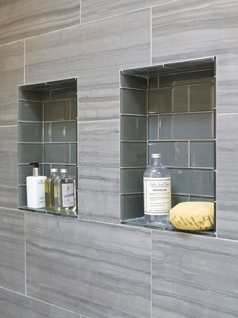 22 Clever and Stylish Shower Niche Ideas Shower Wall Storage Built Ins, Shower Niche Finishing, Shower With Two Niche, Shower Cubbies Ideas, Showers With Inset Shelves, Two Shower Niches Side By Side, Shower Floor And Niche Tile, Shower Niche Accent Tile, Shower Cubby Ideas Built Ins