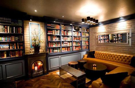 Library-themed restaurant in Houghton, Michigan - We had dinner there...fantastic food and feel.... Library Bar, Home Bar Design, Home Library Design, Office Inspo, Unfinished Basement, Home Libraries, Library Design, Basement Design, Home Library