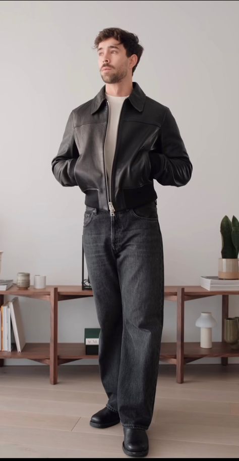 Mens Cropped Jacket Outfit, Leather Jacket Winter Outfit Men, Cropped Jacket Men Outfit, Black Jean Jacket Outfits Men, Quiet Luxury Outfit Men, Star Boy Style, Black Leather Jacket Outfit Men, Quiet Luxury Men, Daniel Simmons