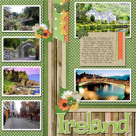 Bucket+List:++Ireland - Scrapbook.com Ireland Scrapbook Ideas, Dublin Scrapbook Pages, Iceland Scrapbook, Edinburgh Scrapbook Pages, Ireland Scrapbook Layouts, Bantry Ireland, Scotland Scrapbook Layouts, Scrapbook Multiple Photos, Travel Book Layout