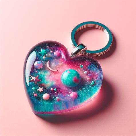 This is a charming, cute, and stylish keychain designed for teenage girls, featuring an irresistible galaxy theme. Radiating vibrant hues of turquoise, pink and purple, it's filled with stars, moons, and glitter encased within heart-shaped resin. The silver keyring adds a trendy touch. #ResinArt #TeenAccessories #CuteKeychain #GalaxyTheme #TrendyGirlsGift #StylishKeychain Resin Heart Keychain, Diy Resin Keychain, Moon Resin, Emo Accessories, Resin Trays, Colorful Keychain, Galaxy Theme, Cute Pastel Wallpaper, Cute Flower Wallpapers