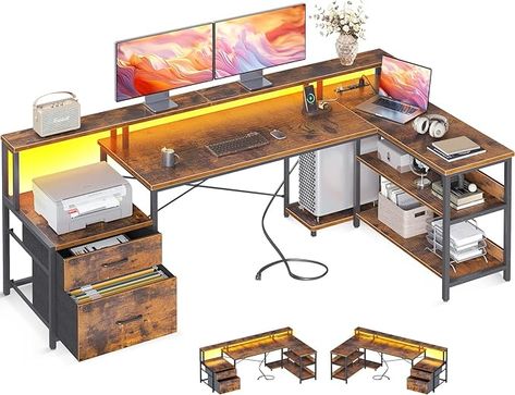 Amazon.com: ODK L Shaped Desk with File Drawer, 75" Reversible L Shaped Computer Desk with Power Outlet & LED Strip, Office Desk with Storage Shelves, Gaming Desk with Monitor Shelf, Corner Desk, Vintage : Home & Kitchen Gaming Desk With Drawers, L Shaped Desk With Storage, Printer Storage, L Shaped Computer Desk, Desk With File Drawer, Desk With Monitor, Printer Cabinet, Monitor Shelf, Large Computer Desk