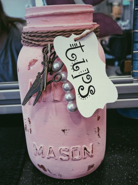 tip jar idea for hairstylist #tipjar #hairstylist #diy Cosmetology School Station Ideas, Hairstylist Station Decor, Hairstylist Station Ideas, Home Salon Ideas Small Diy, Cosmotology Party Ideas Graduation, Tip Jar Ideas, School Station, Cosmetology Ideas, Work Treats