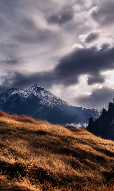 Mountains against the stormy sky Blue And Brown Nature, Stormy Mountains, Landscape References, Rugged Landscape, Dramatic Landscape, Building Inspiration, Mountain Sky, Rock Aesthetic, Dark Landscape