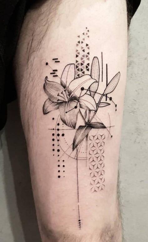 Mandala Lily Flower Tattoo, Flower With Geometric Design Tattoo, Geometric Orchid Tattoo Design, Cute Geometric Tattoos, Forearm Tattoo Women Geometric, Flowers Geometric Tattoo, Floral With Geometric Pattern Tattoo, Women Geometric Tattoo, Womens Geometric Tattoos