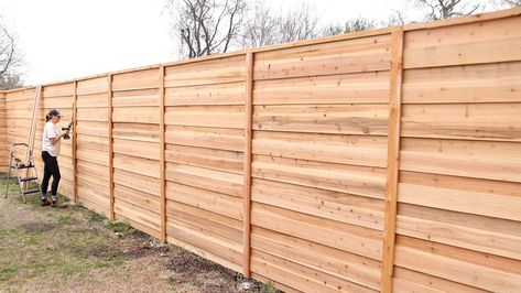 Building A New Horizontal Fence! — MAKER GRAY Horizontal Privacy Fence Ideas, Horizontal Wood Fence Design, Diy Horizontal Wood Fence, Wood Privacy Fence Ideas, Horizontal Privacy Fence, Horizontal Cedar Fence, Horizontal Fence Ideas, Mid Century Modern Fence, Wooden Privacy Fence