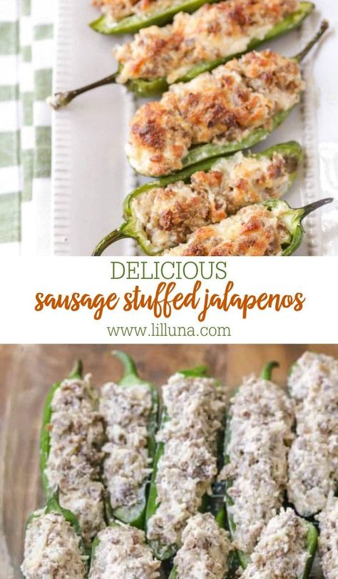 Sausage stuffed jalapeños are filled with cream cheese and baked to perfection. They're a must-have appetizer at your next party. #sausagestuffedjalapenos #stuffedjalapenos #jalapenos #sausage #stuffedpeppers Jalapeno Sausage Poppers, Sausage Stuffed Jalapeno Peppers, Appetizers With Jalapenos, Smoked Stuffed Jalapeno Peppers, Stuffed Jalapeno Peppers Cream Cheese, Jalapeno Ideas, Jalapeno Poppers With Sausage, Sausage Stuffed Jalapenos, Cream Cheese Stuffed Jalapenos