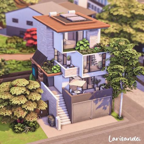 Contemporary townhouse 🏡 I wanted to play with different shapes and came up with this contemporary house. Hope you like it! ◽Gallery ID:… Sims 4 Modern Interior No Cc, Sims Small House Ideas, Sims 4 Small 2 Story House, Modern Tiny House Sims 4, Townhouses Modern, Sims Modern House, Sims 4 Starter House, Sims 4 Newcrest Map Ideas, The Sims 4 Modern House