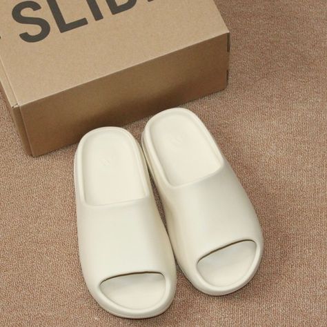 Yeezy Slide Bone White Yeezy Slides, Shark Shoes, Trendy Slippers, Yeezy Slides, Branded Clothing, Hype Shoes, Yeezy Shoes, Birthday Wishlist