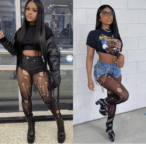 Stocking And Shorts Outfit, Snow Tha Product Concert Outfits, Mini Skirt With Fishnets Outfit, Shorts Stockings Outfit, Black Shorts And Fishnets, Leather Shorts With Fishnets Outfit, Distressed Stockings Outfit, Ripped Fishnets Outfit, Fishnet Stockings Outfit Black Women