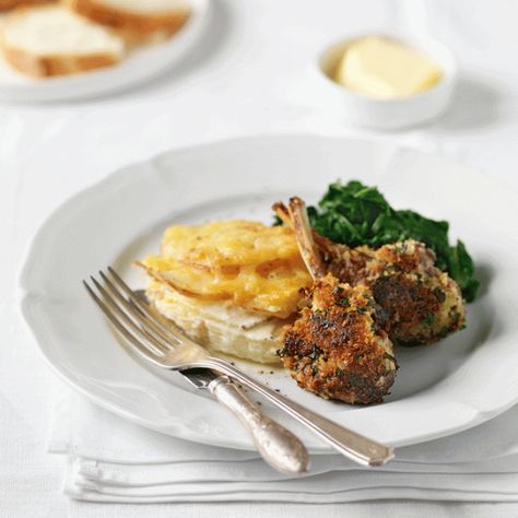 Crumbed Lamb Cutlets with Winter Veggie Bake Veggie Bake, Lamb Cutlets, Creamy Potatoes, Baked Veggies, Toasted Pine Nuts, Creamy Potato, Sliced Potatoes, Seasonal Recipes, Fabulous Foods