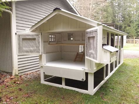 Classic Carolina Coop in Woodinville, WA that is 6’x18’. It has board and batten siding, black roofing and hardware. This walk-in chicken coop also has our heated poultry water system with a rain barrel. Another add-on is the chicken run door. It has our signature deep litter beds, so no cleaning the henhouse for at least a year or more! https://carolinacoops.com/ 919-794-3989 Chicken Coop With Rain Barrel, Deep Bedding Chicken Coop, Chicken Coop 6 Chickens, Deep Litter Chicken Coop, Chicken Coop Watering System, Easy To Clean Chicken Coop, Chicken Coop Roof, Carolina Coop, Building Chicken Coop