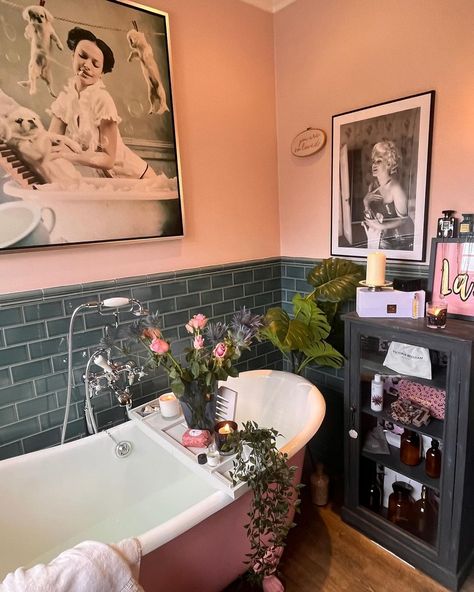 My bathroom from white bath to pink … swipe to see the transformation. How amazing was the weather yesterday is it a sign of things to come… | Instagram Pink Clawfoot Tub, Green And Pink Bathroom, Edwardian House Renovation, Pink Bathtub, Botanical Bathroom, Main Bathroom Ideas, Big Baths, Bathroom Bathtub, Pink Baths