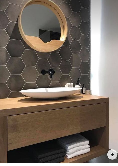 Hexagon Tile Accent Wall, Tiled Walls In Powder Room, Bathroom Tiles Hexagon, Hexagon Tile Half Bathroom, Powder Room Tiles Ideas, Small Bathroom Ideas Hexagon Tiles, Small Powder Room Accent Wall, Main Bathroom Tile Ideas, Bathroom With Hexagon Tiles