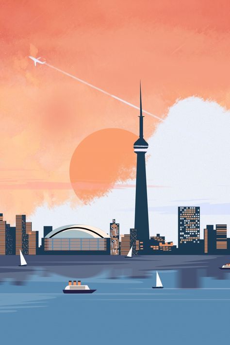 International city toronto canada illustration image Canada Graphic Design, Toronto Illustration, City Poster Design, City Posters Design, Toronto Skyline, Skyline Painting, Toronto City, Building Illustration, Font Illustration