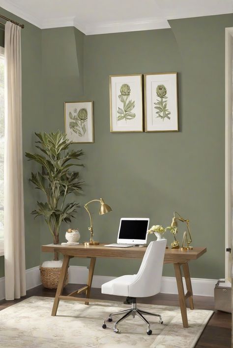 home decor, interior design, kitchen designs, wall paint Study Colour Scheme, Office With Green Walls, Sw Artichoke, Office Wall Color Ideas, Edgecomb Gray Walls, Colors For Home Office, Home Office Paint Colors, Home Office Paint, Green Home Office