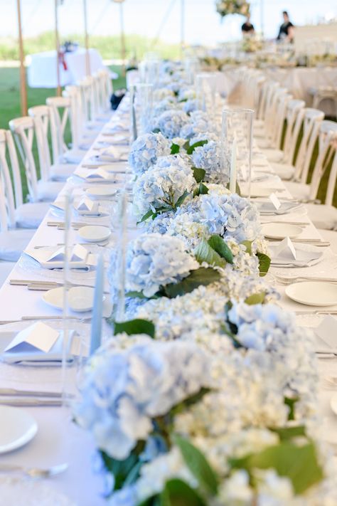 Brooke and Ziv – hana floral design weddings and events Hydrangea Runner, Hydrangea Wedding Decor, Brain Map, Mediterranean Theme, Baby Blue Wedding, White And Blue Wedding, Blue Hydrangea Wedding, Wedding Theme Color Schemes, Long Table Wedding