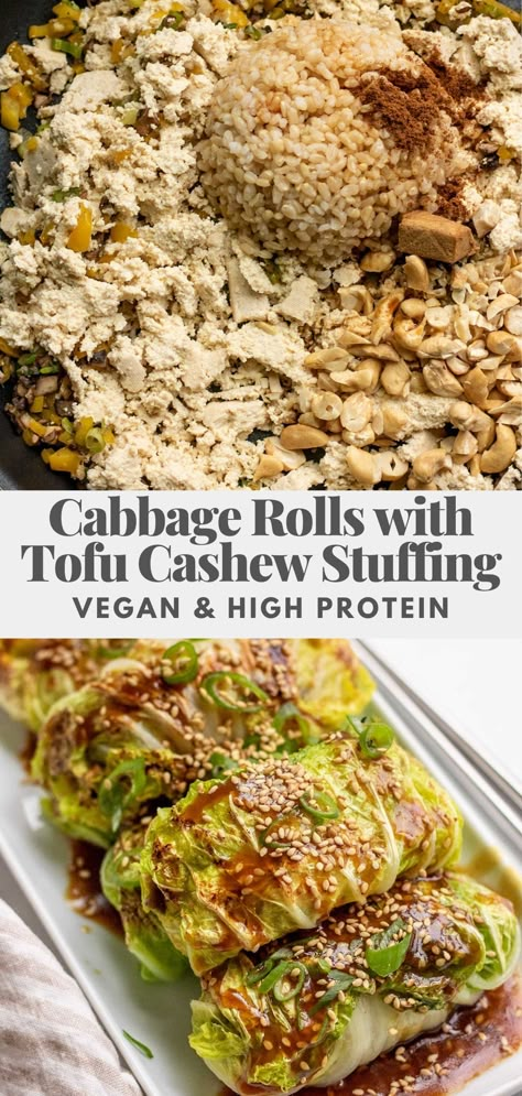 Tofu Cabbage Rolls, Tofu Cashew, Sweet Tofu, Vegan Cabbage Rolls, Vegan Cabbage, Vegan Feast, Sticky Sauce, Healthy Vegan Dinner Recipes, Steamed Cabbage