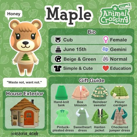 Hello from Astoria✨ on Instagram: “Here is Maple’s bio! She’s my absolute fav villager 😍🐻 . I’m sorry for the inactivity, life has been a little crazy! I started making…” Maple Acnh, Maple Animal Crossing, Animal Crossing Amiibo Cards, Cottagecore Animal Crossing, Acnh Cottagecore, Character Bio, Animal Crossing 3ds, Animal Crossing Fan Art, Animal Crossing Guide