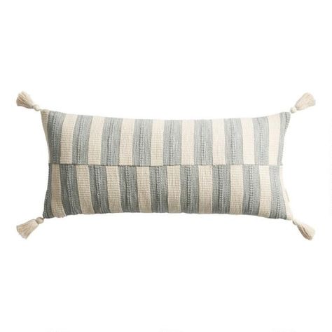 Extra Wide Aqua And Ivory Broken Stripe Lumbar Pillow | World Market Coastal Pillow Covers, Oversized Lumbar Pillow, Spring Pillow, Oversized Pillows, Spring Pillows, Toss Pillow, Embroidered Tote Bag, Lumbar Pillows, Cost Plus World Market