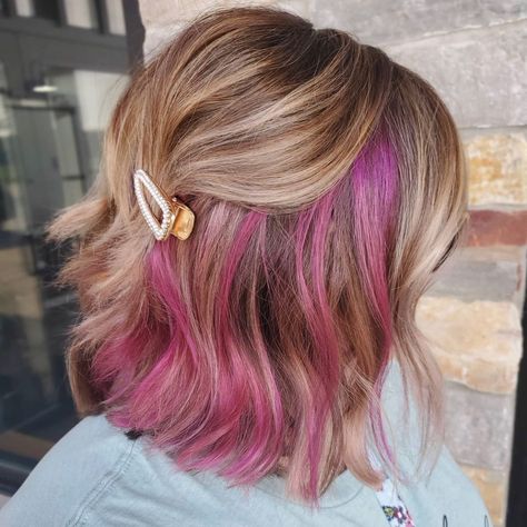 Peekaboo highlights can let you experiment with new hair colors. They can be hidden under the top layer of hair for feisty results or tweaked in various ways. Click the article link for more photos and inspiration like this // Photo Credit: Instagram @allcutupsalon // #blackhairwithpeekaboohighlights #caramelpeekaboohighlightsondarkhair #peekaboohighlights #peekaboohighlightsondarkhair #peekaboohighlightsondarkhairpictures #peekaboohighlightsred #purplepeekaboohighlights #redpeekaboohighlights Short Hair With Purple Underneath, Pink Peekaboo Highlights Short Hair, Dark Blonde With Peekaboo Color, Cute Peekaboo Hair, Purple Highlights Blonde Hair Peekaboo, Hidden Rainbow Hair Brown, Colorful Peekaboo Highlights, Under Colour Hair, Peekaboo Hair Colour