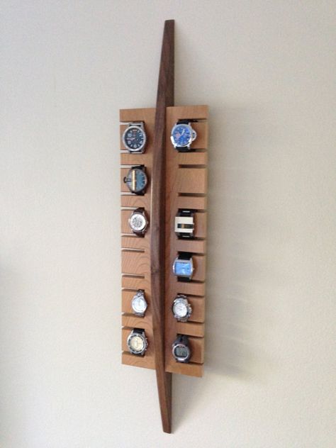 Handmade surf inspired watch display rack in solid by BoisdeVivre Watch Display Ideas, Into The Wood, Watch Stand, Watch Holder, Watch Storage, Diy Holz, Watch Display, Into The Woods, Wooden Watch