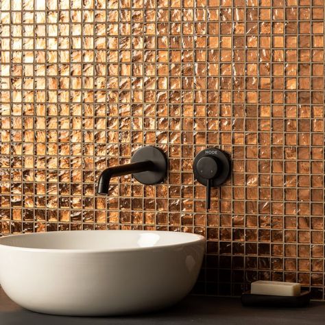 Splashback Bathroom, Copper Work, Bathroom Shower Walls, Wall Feature, Indoor Tile, Bronze Bathroom, Mosaic Bathroom, Kitchen Splashback, Mosaic Wall Art