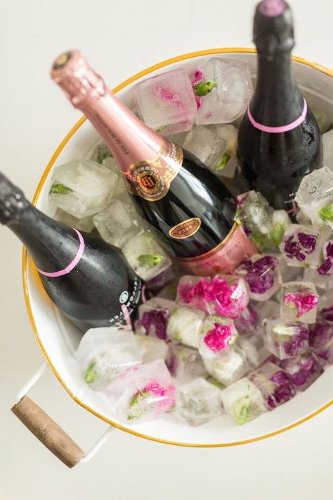 Champagne paired with Flower-filled Ice Cubes from a Champagne Brunch Bridal Shower on Kara's Party Ideas | KarasPartyIdeas.com (7) Brunch Party Ideas, Spa Bridal Shower, Floral Ice Cubes, Flower Ice Cubes, Brunch Party Decorations, Bridal Shower Champagne, Champagne Birthday, Floral Ice, Brunch Decor