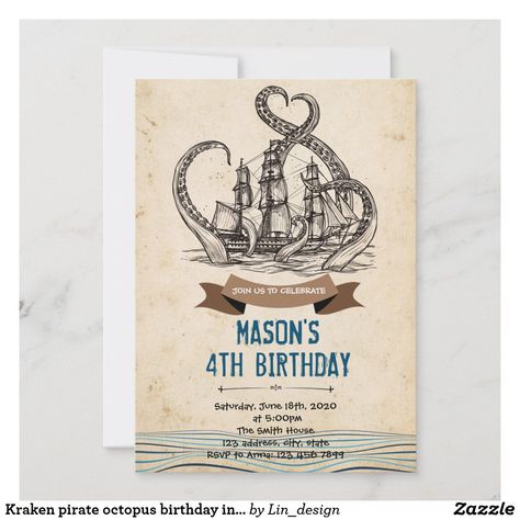 Kraken pirate octopus birthday invitation Octopus Birthday, Pirate Octopus, Pirate Birthday Party, Nautical Party, Birthday Thank You Cards, Custom Thank You Cards, Pirate Birthday, Sea Birthday, Pirate Theme