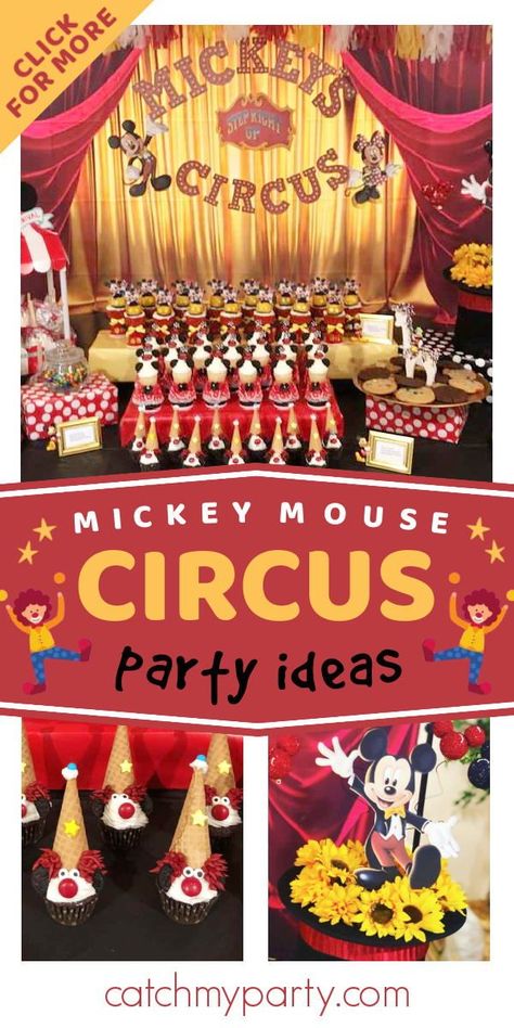 Check out this fun Mickey Mouse circus-themed birthday party! Love the clown cupcakes! See more party ideas and share yours at CatchMyParty.com Circus Mickey Mouse Party, Mickey Mouse Carnival Birthday Party, Mickey Circus Birthday Party, Mickey Mouse Circus Theme Party, Mickey Mouse Carnival Party, Carnival Preschool, Carnival Party Foods, Clown Cupcakes, Circus 1st Birthdays