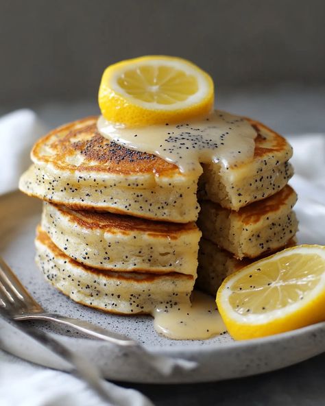 Lemon Sour Cream Pancakes, Half Baked Harvest Pancakes, Lemon Poppyseed Waffles, Lemon Poppyseed Loaf, Pancakes Ideas, Poppyseed Pancakes, Poppy Seed Recipes, Lemon Poppy Seed Pancakes, Poppy Seed Pancakes