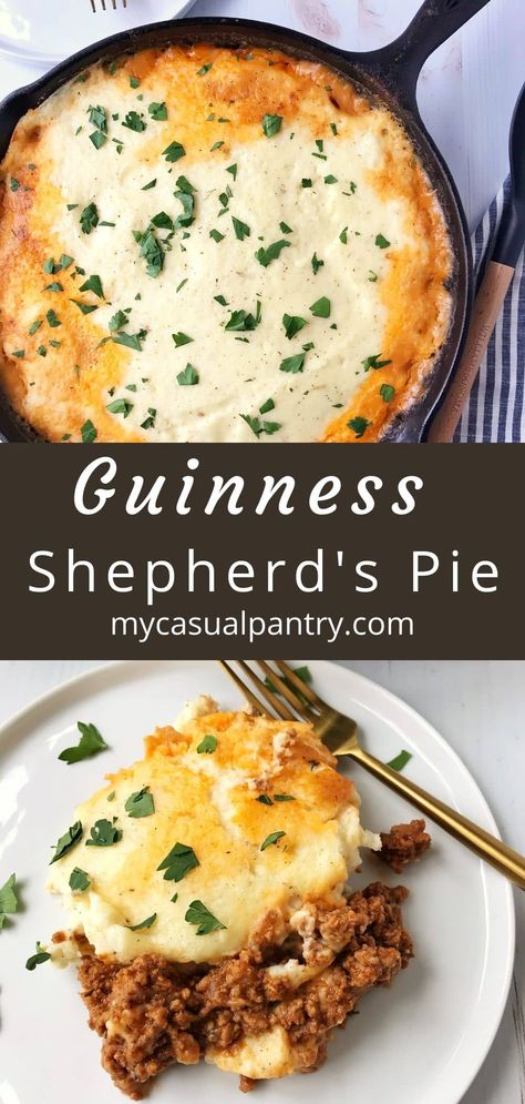 Guinness Shepherd's Pie - savory beef filling infused with Guinness beer and topped with Irish cheddar mashed potatoes. The perfect comfort food for the meat and potato lover in your life. Irish Potato Pie Recipe, Irish Shepherds Pie Recipe, Irish Mashed Potatoes, Potato Rolls Recipe, Cheddar Mashed Potatoes, Recipes Using Ground Beef, Irish Cheddar, Pie And Mash, Irish Beef