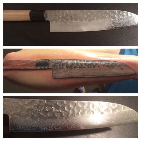 Yoshihiro Damascus steel Santoku knife tattoo by Sam Staley of Sacred Art Tattoo in Chandler, AZ. Damascus Tattoo, Sacred Art Tattoo, Knife Tattoo, Chandler Az, Santoku Knife, Sacred Art, Damascus Steel, Damascus, Art Tattoo