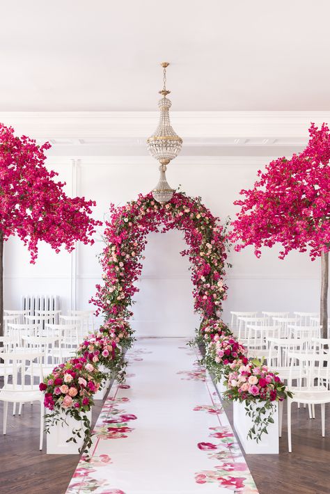 Fuschia Wedding, Magenta Wedding, Church Wedding Flowers, Fuchsia Wedding, Indoor Wedding Ceremonies, The Great Hall, Pink Wedding Theme, Great Hall, Wedding Aisle Decorations