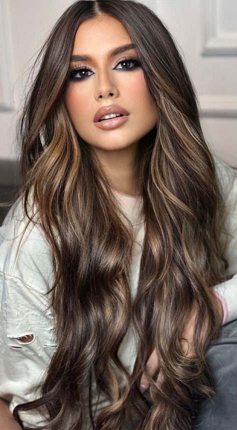 honey hair color, hair color ideas, hair color trends, summer hair color, brunette hair color Dark Hair For Light Skin Tones, Highlights For Black Hair Black Women, Curly Brunette, Subtle Blonde Highlights, Rambut Brunette, Coffee Hair, Black Hair Balayage, Peekaboo Hair, Brown Hair Looks