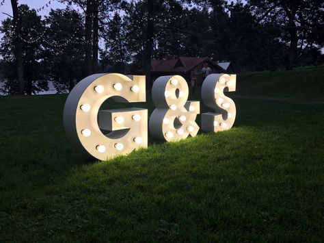 Wedding celebration with lovely light up letters from @elitesignmakers.c  #birthday #letterlights #letter #letters #loveletters #lightbox #lightupletters #light #venuedressing #venue #weddings #weddinglights #weddingidea #weddinglighting #weddingdecor #eventplanner #creativewedding #birthday #celebration #eventlighting #led #ledlights #london #england #uk #love @elitesignmakerscom Led Letters Wedding, Letter Lights Wedding, Large Light Up Letters, Initial Sign, Wedding Letters, Wedding Display, Light Up Letters, Birthday Inspo, Light Letters