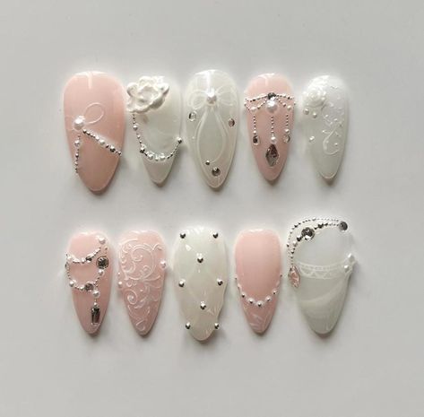 Pink White Nails, Small Stone Y2k Style 3D Gel Press on Nails, Summer Sea Nails Faux Acrylic Design, Dark Custom Nailbox Hand-painted Art - Etsy Pink White Nails, White Gel Nails, Sea Nails, Gel Press On Nails, Cherry Nails, Acrylic Design, Gel Press, Really Cute Nails, Soft Nails