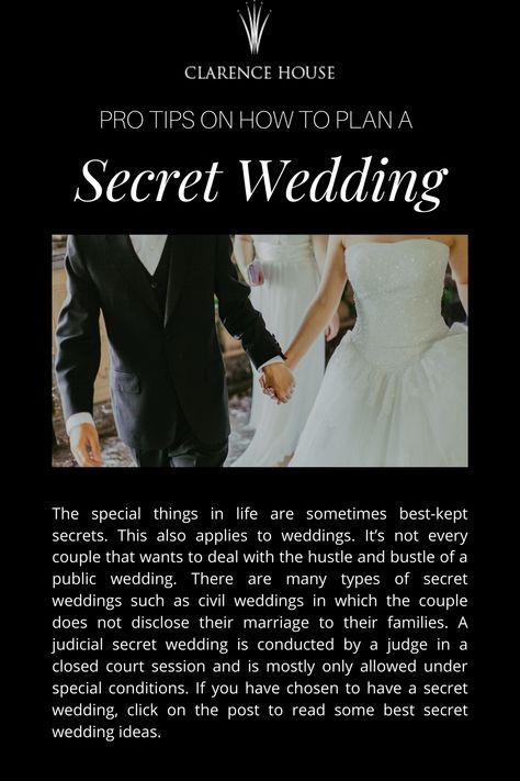 The special things in life are sometimes best-kept secrets. This also applies to weddings. It’s not every couple that wants to deal with the hustle and bustle of a public wedding. There are many types of secret weddings such as civil weddings in which the couple does not disclose their marriage to their families. A judicial secret wedding is conducted by a judge in a closed court session and is mostly only allowed under special conditions. Below are some secret wedding ideas.  #secret #wedding Secret Wedding Ideas, Secret Wedding, Pro Tip, Best Kept Secret, Civil Wedding, Ideal Wedding, Wedding Locations, Wedding Tips, Celebrity Weddings