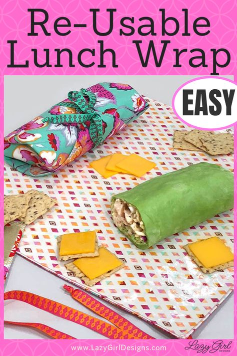 Share your lunch with a friend! The Lucy vinyl-lined, reusable lunch  wrap is a tidy way to wrap a sandwich, burrito, sub, and more. Unwrap  your eats, and Lucy is the perfect placemat to host your tasty  adventure. #foodstorage, #wastefree #DIY #DIYPDFpattern #reducewaste #reusable #Sandwichwrap #sewing #quickgifts #foodstorage, #Kidslunch, #Packinglunch #LazyGirlDesigns Lunch Wrap, Sustainable Sewing, Creative Sewing Projects, Lazy Girl Designs, Sewing Upcycle, Gifts To Sew, Lunch Wraps, Sewing Machine Needle, Paper Candy