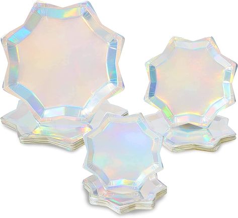 Amazon.com: Holographic Octagon Shaped Party Plates, Iridescent Plates in 3 Sizes (72 Pack) : Home & Kitchen Iridescent Birthday Party, Dancing Queen Birthday Party, Iridescent Birthday, Mamma Mia Bachelorette Party, Winter Restaurant, Iridescent Party, Taylor Swift Birthday Party, Gold Plastic Plates, Frozen Bday Party