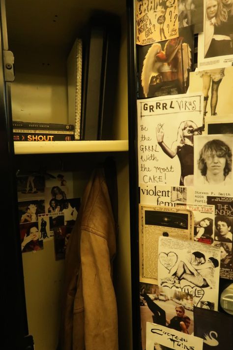 locker ideas inspo grunge 90s rock back to school cute hole elliott smith fiona apple romanticizing grades aesthetic rory gilmore Grunge Locker Decor, Locker Aesthetic Grunge, Highschool Locker Aesthetic, School In 90s, Grunge Closet Room, School Grunge Aesthetic, Locker In Bedroom, School Aesthetic Grunge, Locker Ideas Highschool