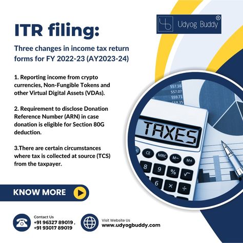 ITR filing: Three changes in income tax return forms for FY 2022-23 (AY2023-24) Income Tax Return Filing Poster, Income Tax Return Filing, Income Tax Return, Tax Services, Dream Chaser, Tax Deductions, Tax Return, Income Tax, Crypto Currencies