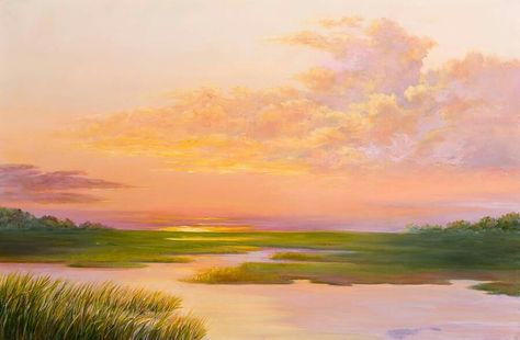 Marsh sunset Marsh Acrylic Painting, Nature Horizontal, Gouache Landscape, Paintings Nature, Beach Art Painting, Watercolor Paintings Nature, Landscape Art Painting, Great Paintings, Nature Art Painting