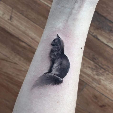 Shadow Cat Tattoo, Watercolor Black Cat Tattoo, Black Fluffy Cat Tattoo, Black And Grey Cat Tattoo, 2 Black Cat Tattoo, Fluffy Black Cat Tattoo, Dark Cat Tattoo, Fluffy Cat Tattoo, Nyx Tattoo